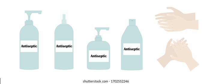 Different bottles in the form of an antiseptic, wash hands, epidemic, virus. Vector illustration in flat style. Vector icons. Hands side and top view. Concept for epidemic, protect yourself, disinfect