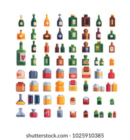 Different bottles and glass jar pixel art 80s style icons set. Plastic bottles with liquid and  alcoholic beverages isolated vector illustration. 8-bit. Design for stickers, logo shop, mobile app.