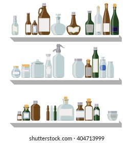 Different bottles and jars on shelves isolated on white