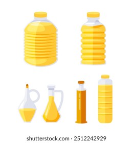 Diferentes garrafas e jarras cheias de óleo de cozinha são exibidas em um fundo branco