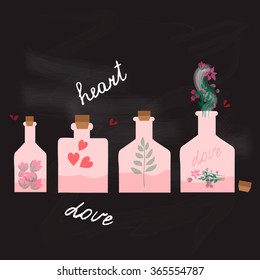Different bottles with love potion inside. 