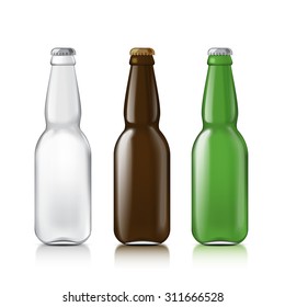 Different bottles on a white background. Set of empty transparent colored glass bottles for beer realistic, water, juice, liquid alcohol. Mock Up Template Ready For Your Design. 