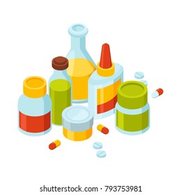 Different bottles with pills and drugs. Vector illustration of medicine theme. Medication of pharmaceutical capsule and medical tablet