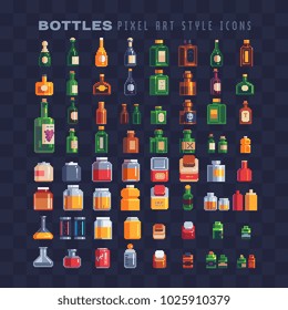 Different bottles pixel art 80s style icons set. Plastic and glass bottles with liquid and  alcoholic beverages jare isolated vector illustration. 8-bit. Design for stickers, logo shop, mobile app.