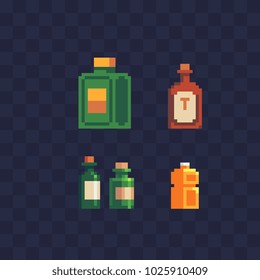 Different bottles pixel art icon set. Plastic and glass bottles with liquid and  alcoholic beverages jare isolated vector illustration. 8-bit sprite. Design for stickers, logo shop, mobile app.