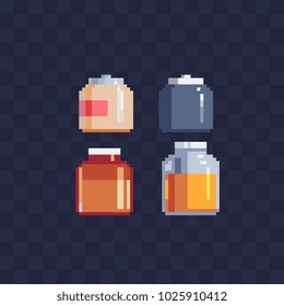 Different bottles pixel art icon set. Plastic and glass bottles with liquid and jare isolated vector illustration. 8-bit sprite. Design for stickers, logo shop, mobile app.