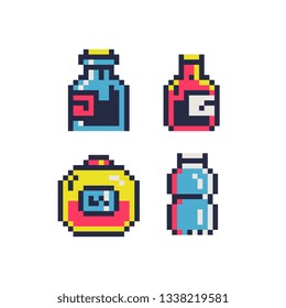 Different bottles pixel art icon set. Plastic and glass bottles with liquid  and  alcoholic beverages jare isolated vector illustration. 8-bit sprite. Design for stickers, logo shop, mobile app.