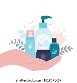 Different bottles, tubes and jars of organic cosmetics. Female hand holds various eco-friendly beauty products. Natural beauty products, isolated on white background. Flat vector illustration