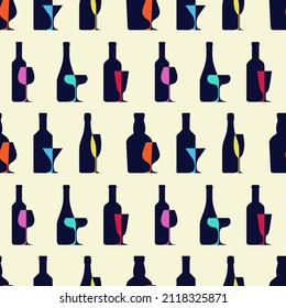 diferentes botellas y copas de vino, patrón sin fisuras. ilustración vectorial. bebidas alcohólicas fuertes.