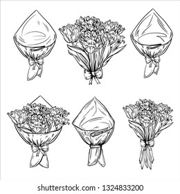 Different bouquets of flowers, tied with a ribbon in a beautiful bow.. Card with a bouquet of tulips. Concept for a holiday gift, decoration for a wedding or a sticker.