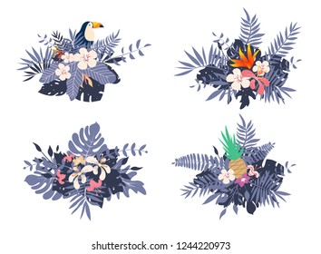Different bouquets with tropical exotic leaves and flowers
