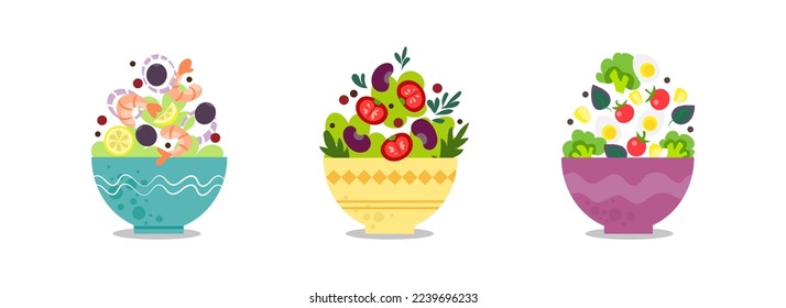 Different bowls with tasty salads on white background