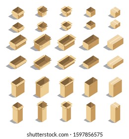 Different box vector isometric icons isolated pack move service or gift container packaging illustration