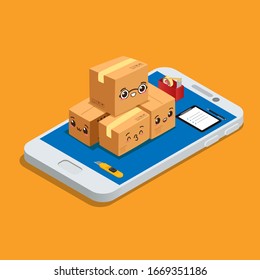 Different box vector isometric icons isolated pack move service or gift container packaging illustration. Flat carton box. Delivery and packaging. Transportation, shipping. Kawaii character mascot. 