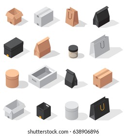 Different box vector isometric icons isolated move service or gift container packaging illustration