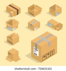 Different box vector isometric icons isolated pack move service or gift container packaging illustration