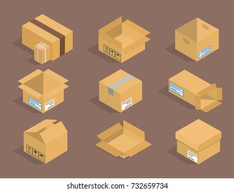 Different box vector isometric icons isolated pack move service or gift container packaging illustration