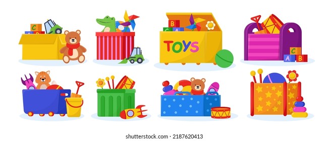 Different boxes with children toys flat vector illustrations set. Wooden and cardboard boxes with gifts, plush toys, dolls, cars, teddy bears for kids games. Childhood, entertainment, nursery