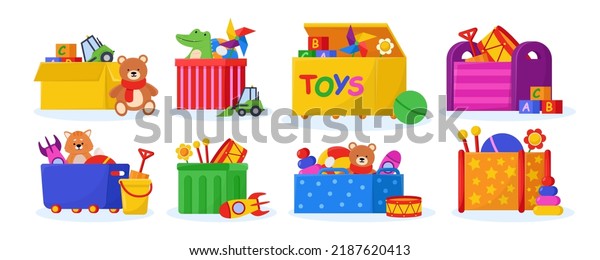 Different boxes with children toys flat vector
illustrations set. Wooden and cardboard boxes with gifts, plush
toys, dolls, cars, teddy bears for kids games. Childhood,
entertainment,
nursery