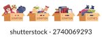 Different boxes with donations toys, food, clothes, books flat vector illustrations set isolated on white.