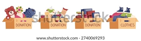 Different boxes with donations toys, food, clothes, books flat vector illustrations set isolated on white.