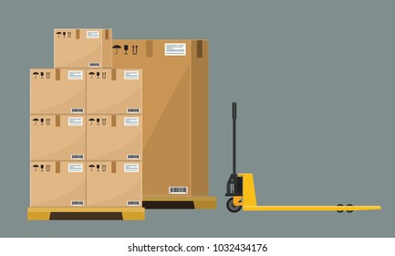 Different Boxes on wooded pallet vector illustration, flat and solid style warehouse cardboard parcel boxes stack front view.