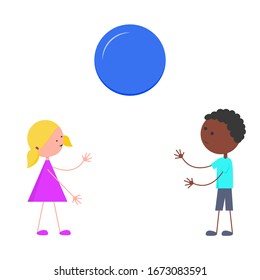 Different boy and girl play with a ball. Vector isolated image on a white background. Concept of friendship of children of different racial groups . Flat style