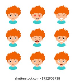 Different boy's emotion set. Collection character expression. Children emoticon, avatar clipart