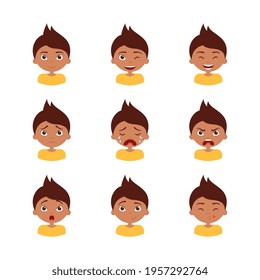 Different boy's emotion set. Collection character expression. Children emoticon, avatar clipart