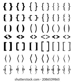 Different brackets set. Text brackets. Curly braces, square and corner parentheses. Openwork vector.