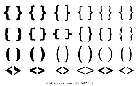 Different brackets set. Text brackets. Curly braces, square and corner parentheses. Openwork vector.