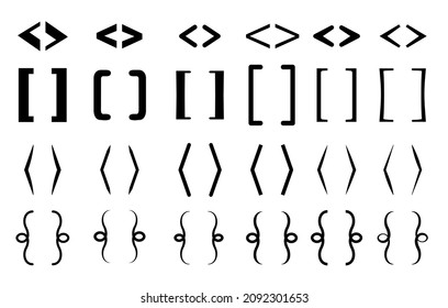 Different brackets set. Text brackets. Curly braces, square and corner parentheses. Openwork vector.