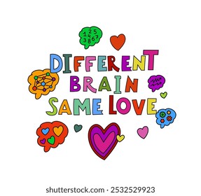 Different brain same love. Neurodiverse people. Human experience diversity. Neurodiversity, autism acceptance. Differences in personality characteristics. Landscape print. Colorful vector illustration