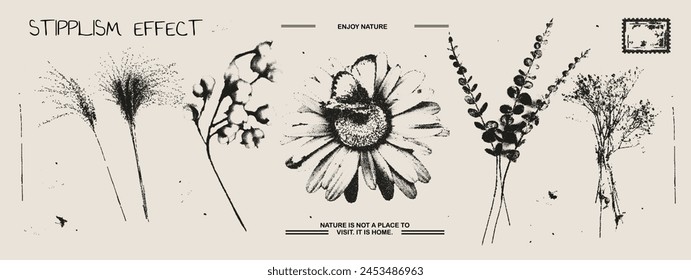 Different branches, chamomile, butterfly photocopy effect elements set with grunge stippling grain messy texture. Trendy y2k aesthetic vector illustration. Ideal for poster design, t shirt