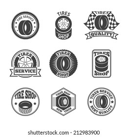 Different brands tires tread pattern shops emblems and replacing service labels set black abstract vector illustration