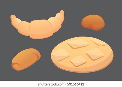 different breads and bakery products vector illustrations. Buns for breakfast. set bake food isolated