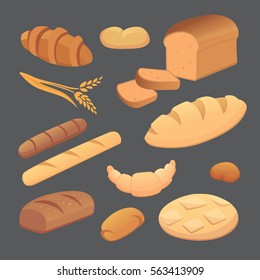 different breads and bakery products vector illustrations. Buns for breakfast. set bake food isolated