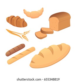 different breads and bakery products vector illustrations. Buns for breakfast. set bake food and toast isolated.