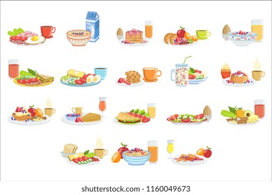 Different Breakfast Food And Drink Sets. Collection Of Morning Menu Plates Illustrations In Detailed Simple