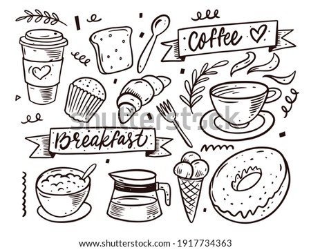 Different breakfast food icons elements. Monochrome vector art illustration line art style isolated on white background
