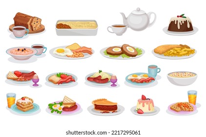 Different Breakfast with Food Served on Plate and Drink Big Vector Set