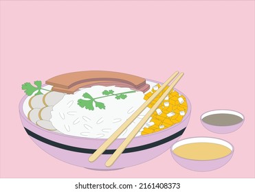 El desayuno, la comida y la cena son diferentes y están aislados. Apetitoso gráfico vectorial de alimentos frescos y bebidas. Sabrosa y colorida comida. Vista panorámica de los deliciosos platos tradicionales chinos