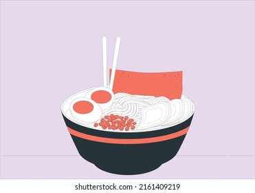 Different breakfast, lunch and dinner isolated. Appetizing fresh food vector graphic illustration. Egg, Chow Mein, meat, Chopsticks serving dish. Top view of delicious Chinese traditional dishes.