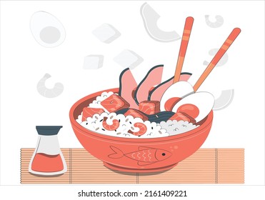 El desayuno, la comida y la cena son diferentes y están aislados. Ilustración gráfica del vector de alimento fresco apetitoso. Huevo, Chow Mein, carne, palillos sirviendo un plato. Vista de los deliciosos platos tradicionales chinos.