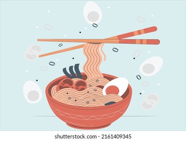 Different breakfast, lunch and dinner isolated. Appetizing fresh food vector graphic illustration. Egg, Chow Mein, Tomato, Chopsticks serving dish. Top view of delicious Chinese traditional dishes.