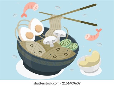 Different breakfast, lunch and dinner isolated. Appetizing fresh food vector graphic illustration. Egg, Chow Mein, Mushroom, fish, Chopsticks. Top view of delicious Chinese traditional dishes.