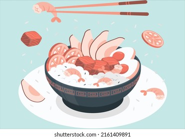 Different breakfast, lunch and dinner isolated. Appetizing fresh food vector graphic illustration. Egg, Chow Mein, meat, fish, Tofu, Chopsticks. Top view of delicious Chinese traditional dishes.