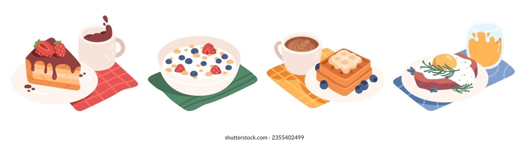 El desayuno y la comida son diferentes y se sirven bebidas. Pastel, avena de leche, huevos fritos, filete de carne, gofres vieneses, café, jugo de diversa colección de desayunos. Diversas ilustraciones vectoriales de platillos sabrosos