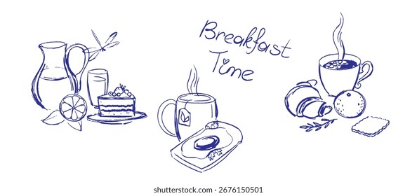 Different breakfast options hand drawn. Vector images collection
