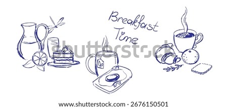 Different breakfast options hand drawn. Vector images collection
